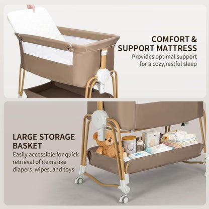 suihuooo 4-in-1 Baby Bassinet, Portable Bassinet Bedside Sleeper with Wheels and Storage Basket, 7 Height Adjustable Breathable Mesh Rocking Bassinet with Mosquito Net for Newborn-White