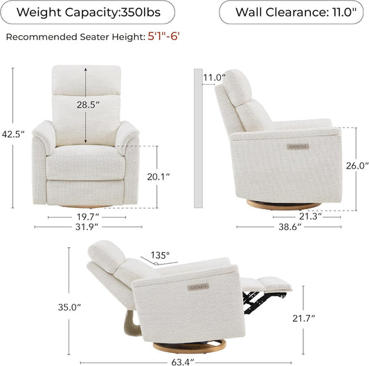 CHITA Power Swivel Glider for Adults with Nightlight, Nursery Recliner Chair with Power Headrest for Living Room, Bedroom, Water-Resistant Boucle Fabric in Sand