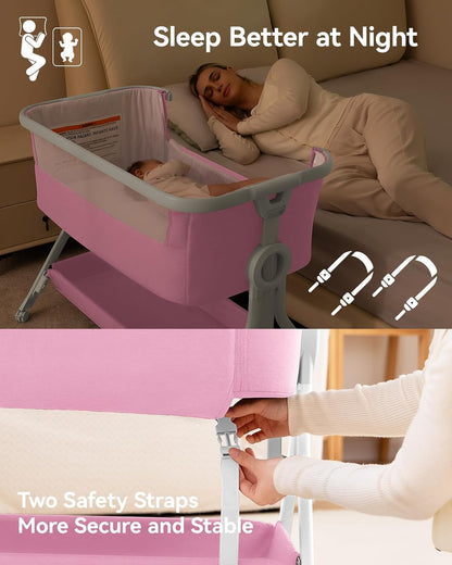 Larex Baby Bassinet Bedside Sleeper Crib Co Sleeper for Newborn Infant Toddler with Mosquito Net, Storage Bag & Basket, 5-Height Adjustable, Movable Wheels, Breathable Mattress & Mesh (Dark Gray)
