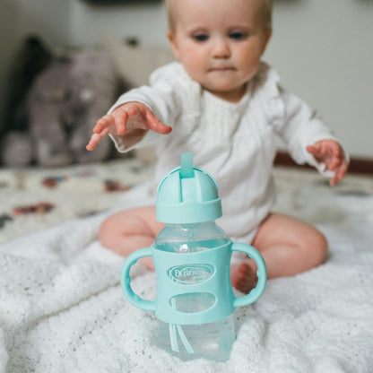 Dr. Brown's Milestones Wide-Neck Sippy Straw Bottle, Spill-Proof with 100% Silicone Handles and Weighted Straw, 9 oz/270 mL, Gray & Pink, 6m+, 2-Pack