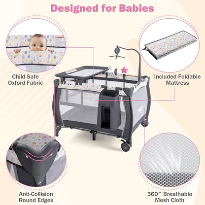 HONEY JOY Pack and Play, 3 in 1 Portable Baby Playard with Bassinet, Changing Table, Lockable Wheels, Music Box, Foldable Travel Baby Crib Nursery Center from Newborn to Toddler (Coffee Pink)