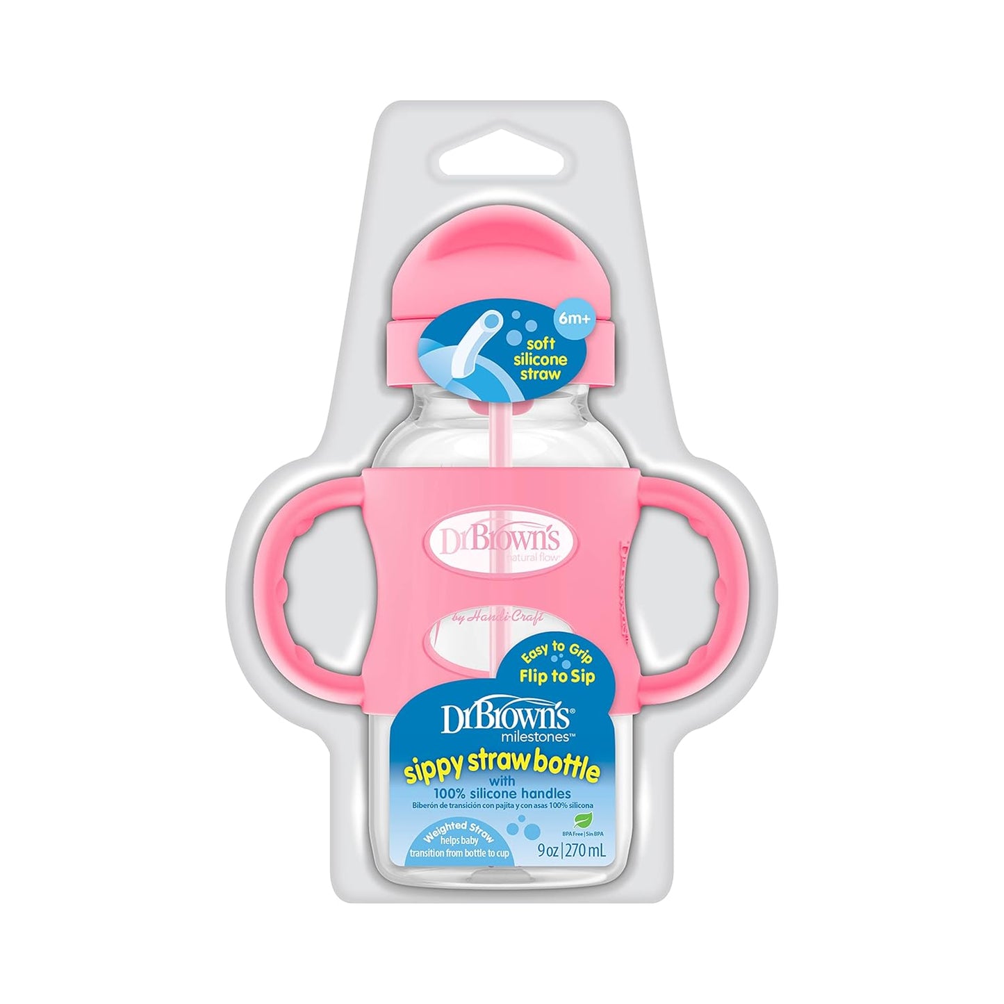 Dr. Brown's Milestones Wide-Neck Sippy Straw Bottle, Spill-Proof with 100% Silicone Handles and Weighted Straw, 9 oz/270 mL, Gray & Pink, 6m+, 2-Pack