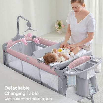 ADOVEL Baby Bassinet Bedside Crib, Pack and Play with Mattress, Diaper Changer and Playards from Newborn to Toddles, Pink