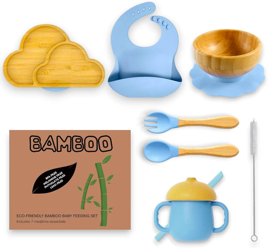 Bamboo Suction Plate and Bowl Set for Babies 7 Feeding Essentials Baby Led Weaning Supplies BPA Free Eco-Friendly (Purple)