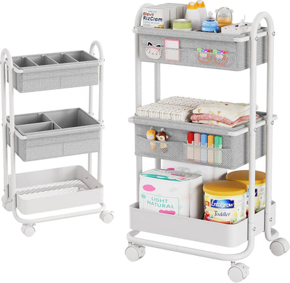 Modanais Baby Diaper Caddy Organizer Cart - 3 Tier Rolling Storage Cart with Wheels, Baby Essentials for Nursery Storage, Detachable Dividers - for Crib, Bedroom, Art & Craft Organizer (Black)