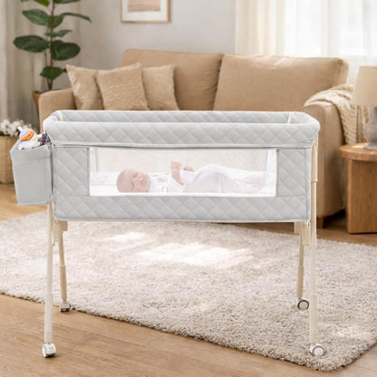 Baby Bassinet Bedside Crib for Newborn, 4-in-1 Baby Bassinet Bedside Sleeper with Mesh & Mattress, Easy Move Crib for Newborns with Lockable Wheels & Storage Basket, 4-Adjustable Height(Grey) | Bassinet with Wheels, Storage Basket, 4 Height Adjustable