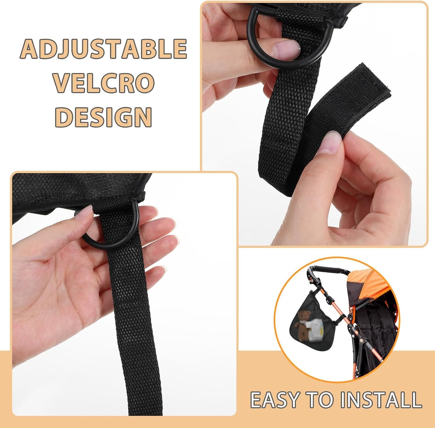Qianyu 2 Pack Universal Side Sling Stroller, Cargo Net Portable Adjustable Strollers Storage Bag Black Organizer Mesh Bag with Non-Slip Straps to Increase Extra Stroller Storage Space