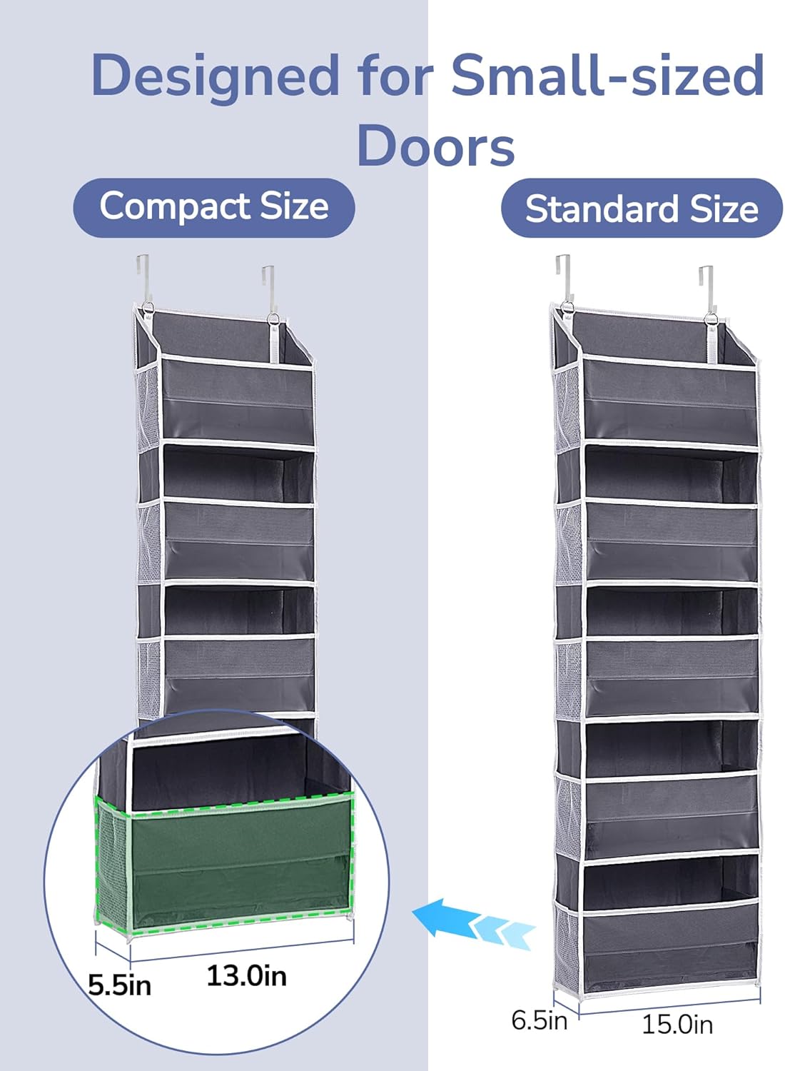 ULG 1 Pack Over Door Organizer with 5 Large and 10 Mesh Side Pockets, 44 lbs Weight Capacity Hanging Storage with Clear Window Kids Toys, Shoes, Diapers, Dark Grey, 5 Layers