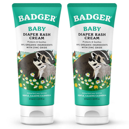 Badger Baby Diaper Rash Cream, Zinc Oxide Diaper Cream for Babies, Natural Skin Barrier Cream with Organic Sunflower Oil & Beeswax, 2.9 fl oz, 2-Pack