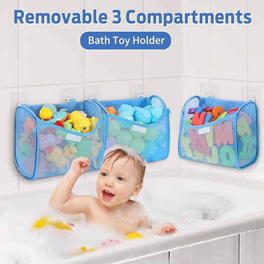 Goowin Bath Toy Storage, Bath Toy Holder, 3 Compartment Large Openings Bath Toy Organizer, Large Capacity Bath Tub Toy Holder, Kids Bathtub Toy Storage for Accessing & Sorting Toys (Blue, Upgrade)