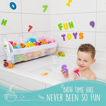 Comfylife Large Bath Toy Organizer with Letters and Numbers – 3 Compartment Bath Toy Holder for Bathtub & Shower – Quick-Dry Mesh with 4 Strong Adhesive Hooks