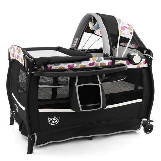 BABY JOY 4 in 1 Pack and Play, Portable Baby Playard with Bassinet & Flip-Away Changing Table, Canopy, Portable Bedside Crib with Storage Basket, Oxford Bag, Infant Bassinet from Newborn to Toddlers