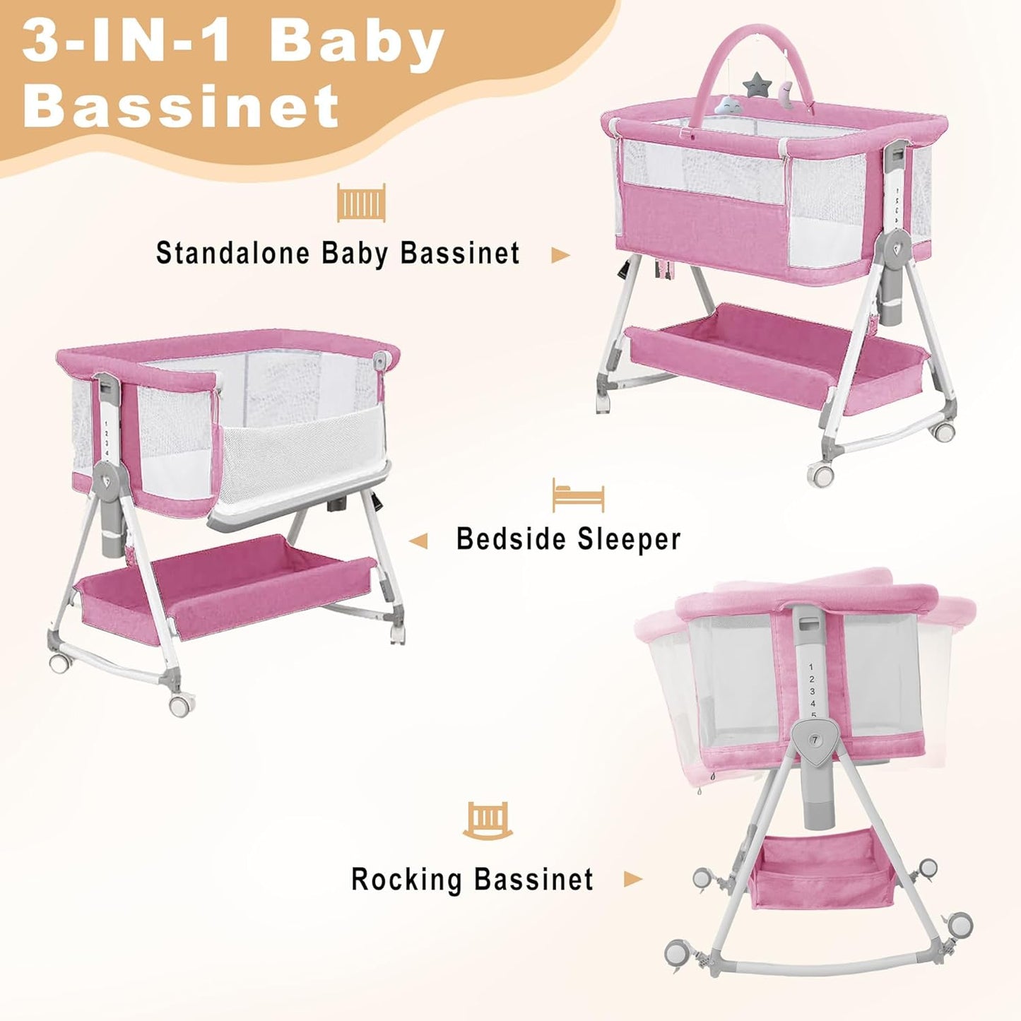 Baby Bassinet,3 in 1 Bedside Bassinet for Baby with Hanging Toys,Foldable Baby Bassinets Bedside Sleeper,4-Sided Mesh Bedside Crib with Wheels and Storage Basket,6 Height Adjustable (Light Grey)