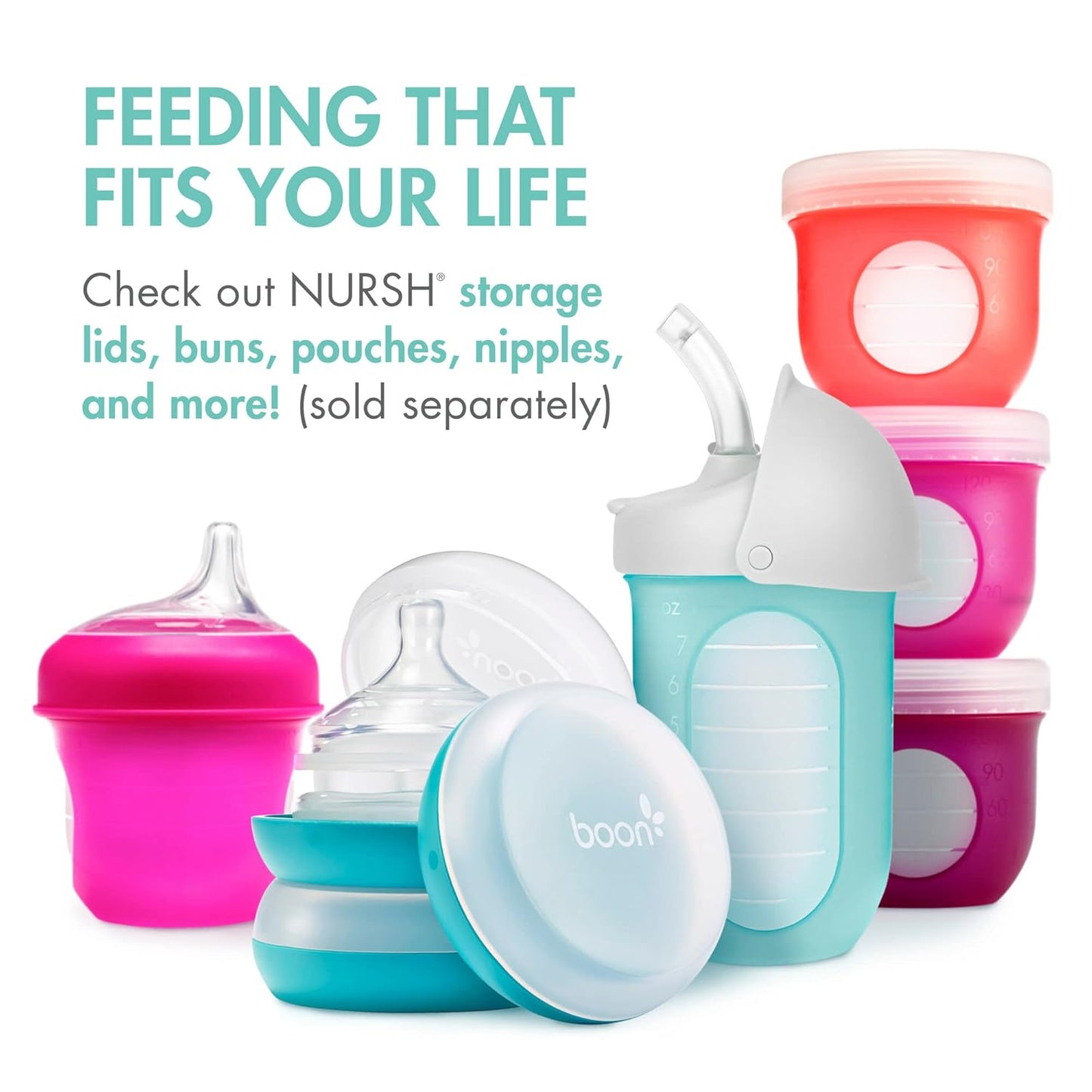 Boon Nursh Reusable Silicone Pouch Baby Bottles - Medium Flow Nipple - Silicone Baby Bottle Pouch and Nipple - Baby Feeding Essentials - Gray - 3-6 Months - 3 Count - 8 Ounce
