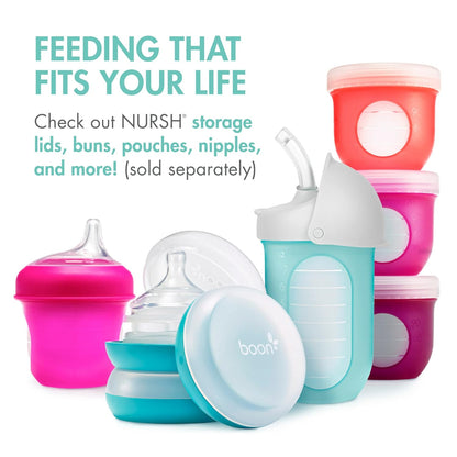 Boon Nursh Reusable Silicone Pouch Baby Bottles - Medium Flow Nipple - Silicone Baby Bottle Pouch and Nipple - Baby Feeding Essentials - Gray - 3-6 Months - 3 Count - 8 Ounce