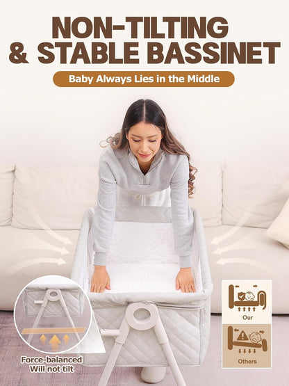 Baby Bassinet Bedside Sleeper - Upgrade Safety Bassinets with Crib Sheet, Easy to Move, 4 Adjustable Height Bedside Bassinet for Infant Newborn, Cream | More Safer, Easy Move, Storage Bag, Waterproof Sheet, Storage Bag, Easy to Install