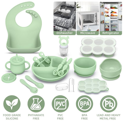 16 Pack Silicone Baby Feeding Set, BPA-Free Baby LED Weaning Supplies, Include Suction Plates, Baby Bowls, Silicone Fork & Spoon, and More, First Stage Baby Food Eating Utensils - 6+ Months(Blue, 16)