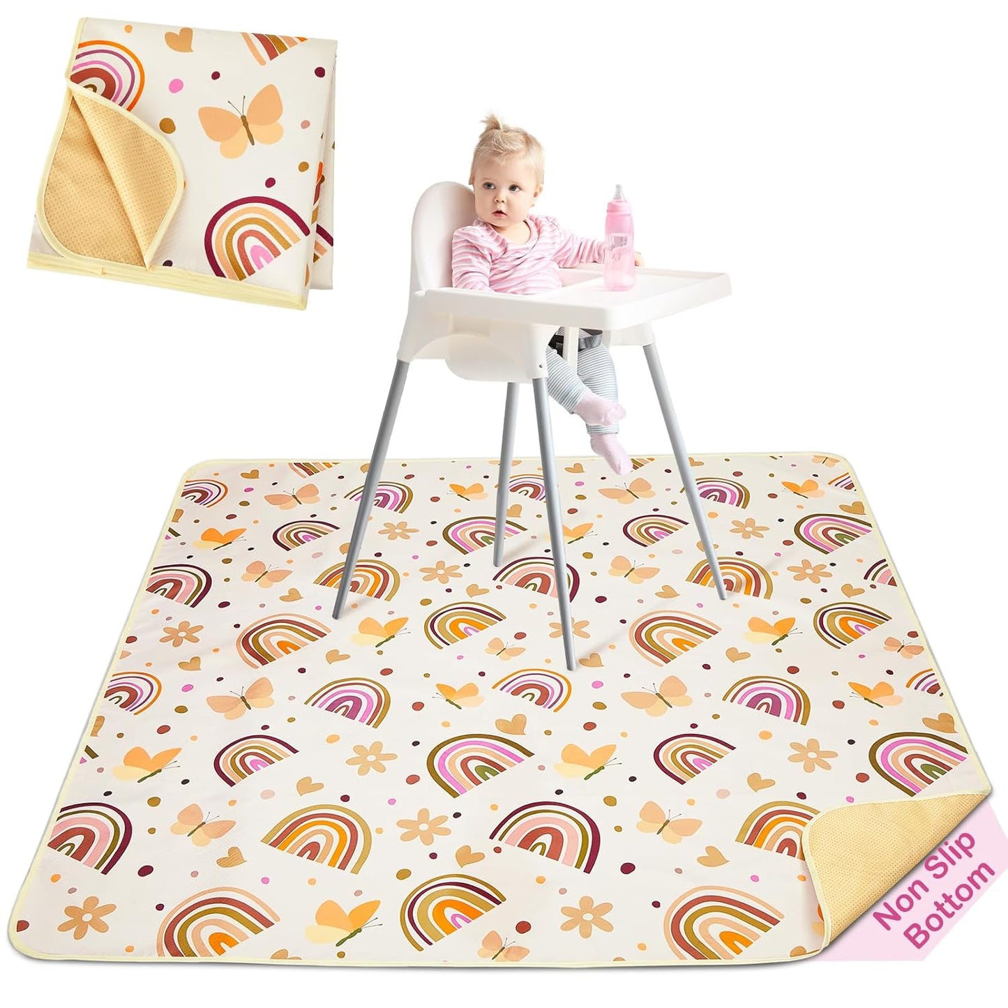 Basumee Splat Mat High Chair Mat Waterproof Baby Play Splat Mat for Under High Chair Food Catcher Highchair Mat for Floor Non Slip Bottom, Pink Rainbow, 46x42 Inches