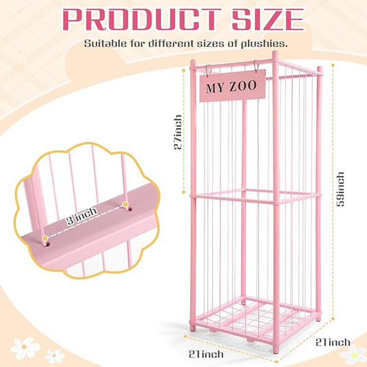 GLDZI Stuffed Animal Storage Zoo, Wooden Stuffed Animal Organizer with Elastic Cords for Boys Girls, Space Saving Toy Plushies Storage Holder for Playroom, Bedroom, Living Room (Pink, Large)