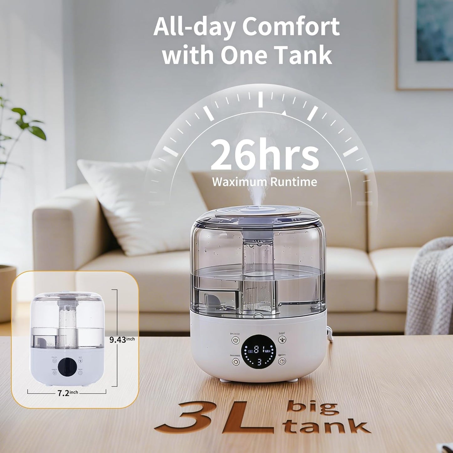 Humidifiers for Bedroom, 3L Top Fill 26H & Quiet Runtime for Large Room, Cool Mist Ultrasonic Humidifier with Humidity Sensor, Aroma Diffuser, Air Humidifier for Home, Baby, Nursery, Plants