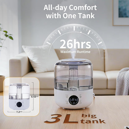 Humidifiers for Bedroom, 3L Top Fill 26H & Quiet Runtime for Large Room, Cool Mist Ultrasonic Humidifier with Humidity Sensor, Aroma Diffuser, Air Humidifier for Home, Baby, Nursery, Plants