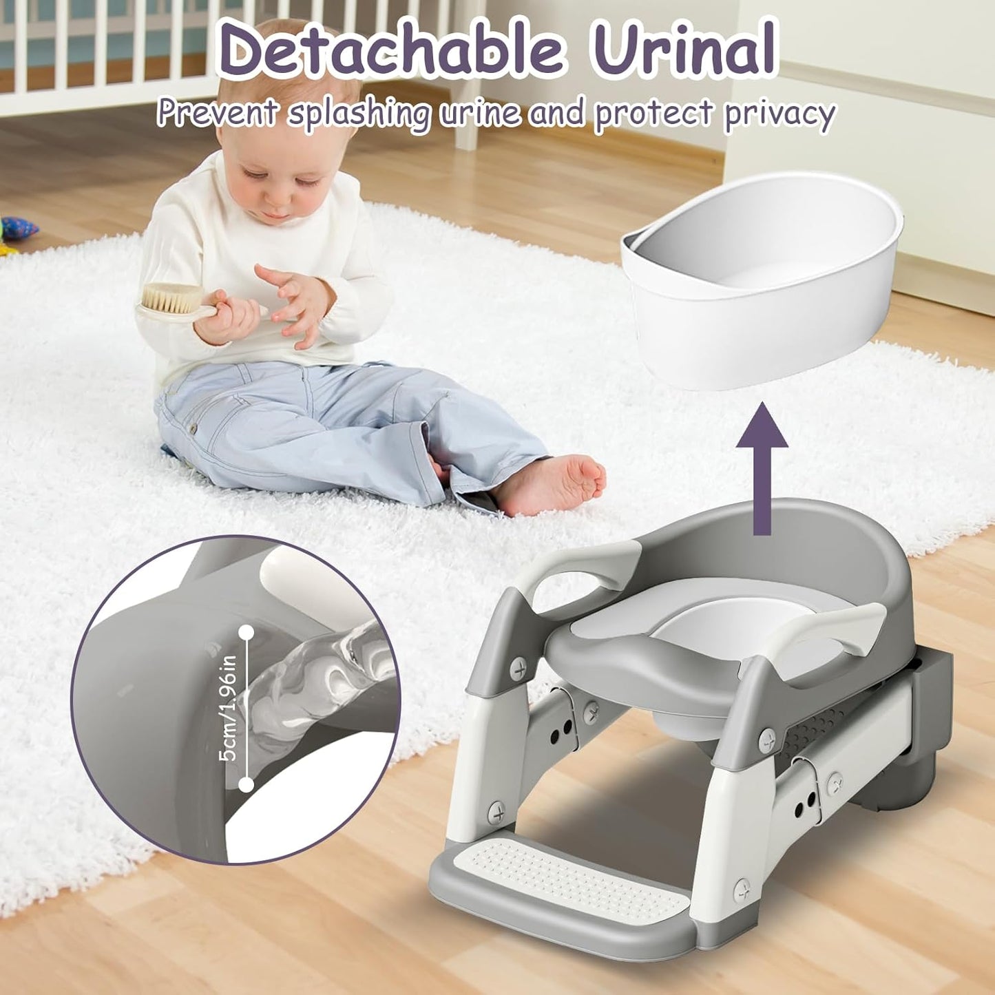 3-in-1 Potty Training Seat with Ladder Toddler Toilet Ladder Kid’s Toilet Chair for Little Boys Girls, with Urinals, Toddler Anti-Slip Step Stool Ladder and Splash Guard - Grey