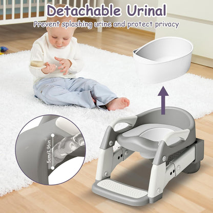 3-in-1 Potty Training Seat with Ladder Toddler Toilet Ladder Kid’s Toilet Chair for Little Boys Girls, with Urinals, Toddler Anti-Slip Step Stool Ladder and Splash Guard - Grey