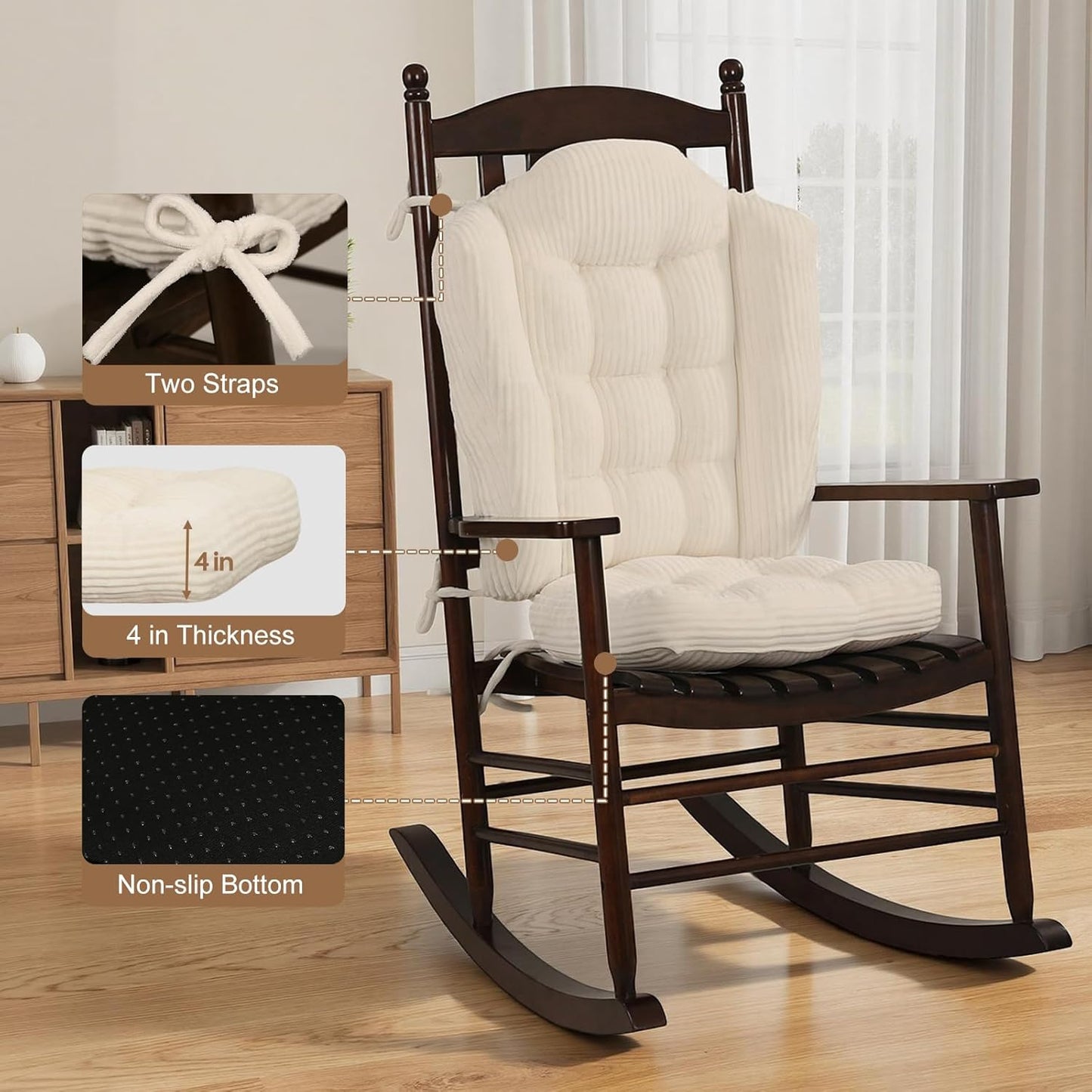 idee-home Wingback Rocking Chair Cushions Indoor, Glider Rocker Replacement Cushions with Removable Corduroy Cover, Wooden Adirondack Chair Pad Non-Slip Bottom Tufted Seat Pads with Ties, Green