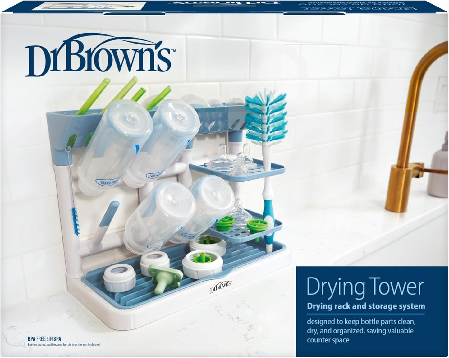 Dr. Brown's Baby Bottle Drying Tower, Stand-Up Countertop Drying Rack with Organized Storage for Baby Essentials, Space Saving Vertical Rack, Gray/White