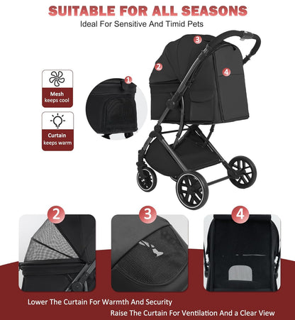 Small Dog Stroller, Pet Stroller for Small Dogs up to 55lbs- Fold All in One Without Detaching Carrier, Cat Stroller with Reversible Handle,Cup Holder (Khaki)