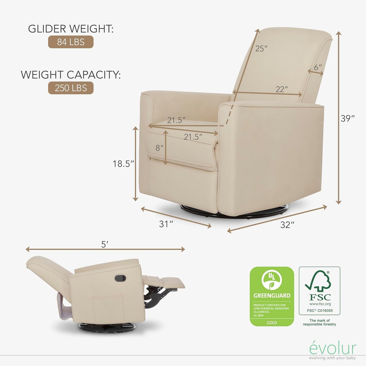 Evolur Raleigh Upholstered Manual Glider Recliner– Rocking & 360° Swivel with Smooth Glide – Greenguard Gold & FSC Certified – Modern Nursery and Living Room Chair in Light Sand