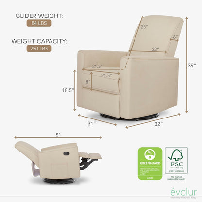 Evolur Raleigh Upholstered Manual Glider Recliner– Rocking & 360° Swivel with Smooth Glide – Greenguard Gold & FSC Certified – Modern Nursery and Living Room Chair in Light Sand