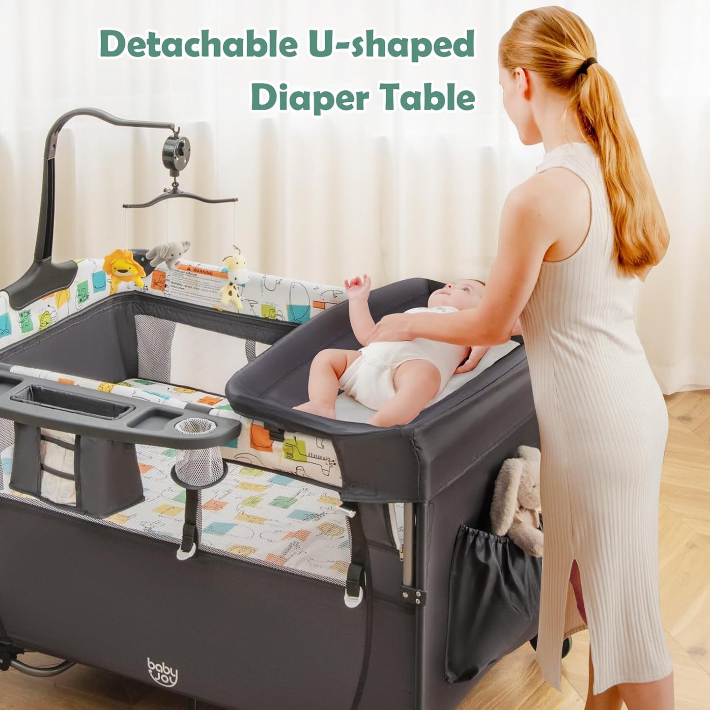 BABY JOY 5-in-1 Pack and Play, Baby Bedside Sleeper with Bassinet, Portable Baby Playard with U-Shaped Diaper Changer, Safety Strap, Multifunction Baby Bassinet Bedside Crib from Newborn to Toddlers