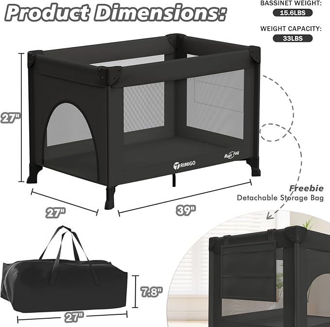 Portable Travel Crib & Playpen - Baby Safe Folding Travel Bed w/Mattress, Breathable Mesh | Compact Lightweight Baby Bed | Pack and Play for Babies & Toddlers (Black)