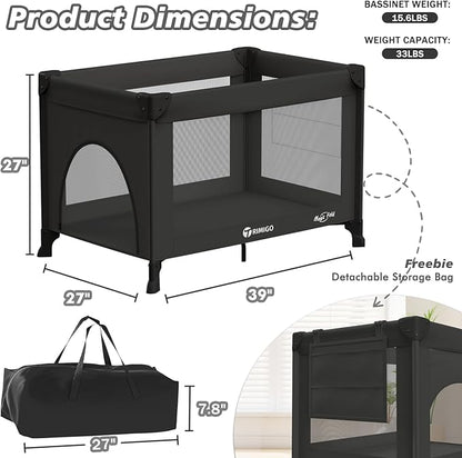 Portable Travel Crib & Playpen - Baby Safe Folding Travel Bed w/Mattress, Breathable Mesh | Compact Lightweight Baby Bed | Pack and Play for Babies & Toddlers (Black)