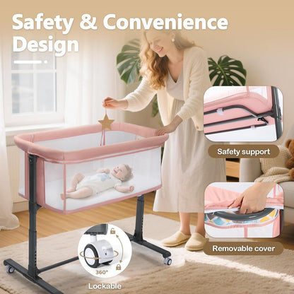 Kinder King Baby Bassinet Bedside Sleeper, Newborn Baby Bedside Crib w/Wheels, All-Sided Mesh, Adjustable Height, Removable Soft Mattress, No Tool to Assemble, Grey