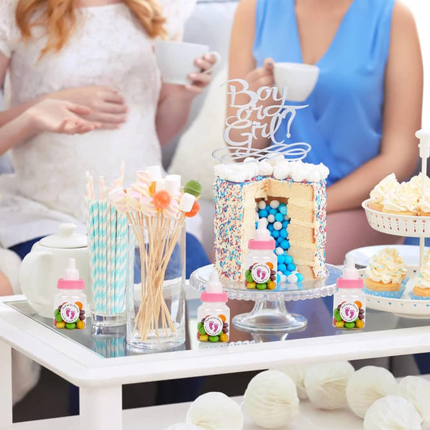 72 Pieces of Mini Baby Shower Milk Bottles Favors for Baby Shower White Plastic Mini Bottles Party Favors Boy Party Games Decorations (Blue)