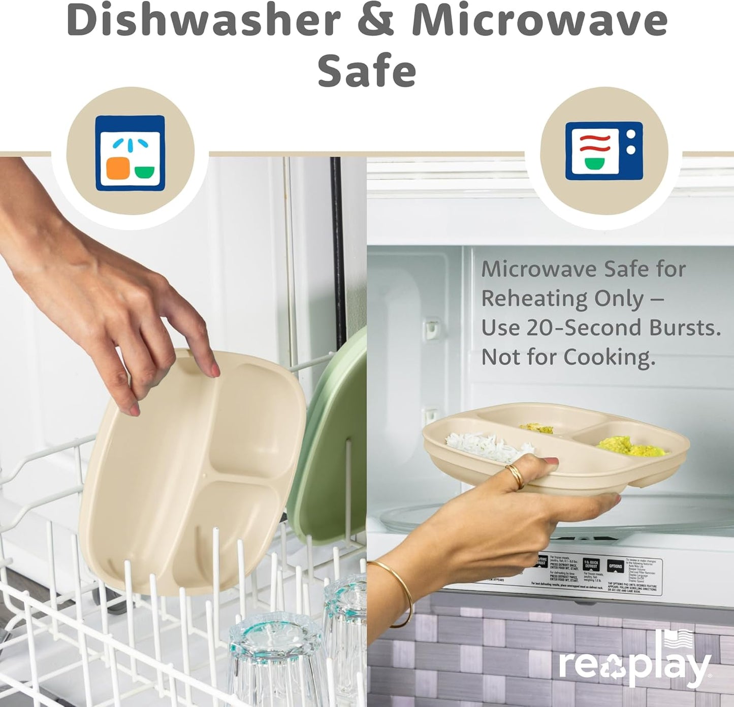 Re-Play Toddler Plates with Dividers - Deep-Walled 3 Compartments Divided Plates for Kids - Dishwasher & Microwave Safe - Made in USA - Set of 3-7.37" x 7.37" x 1.25" - Beach Baby