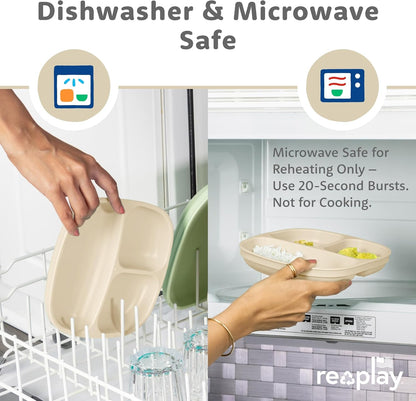 Re-Play Toddler Plates with Dividers - Deep-Walled 3 Compartments Divided Plates for Kids - Dishwasher & Microwave Safe - Made in USA - Set of 3-7.37" x 7.37" x 1.25" - Beach Baby