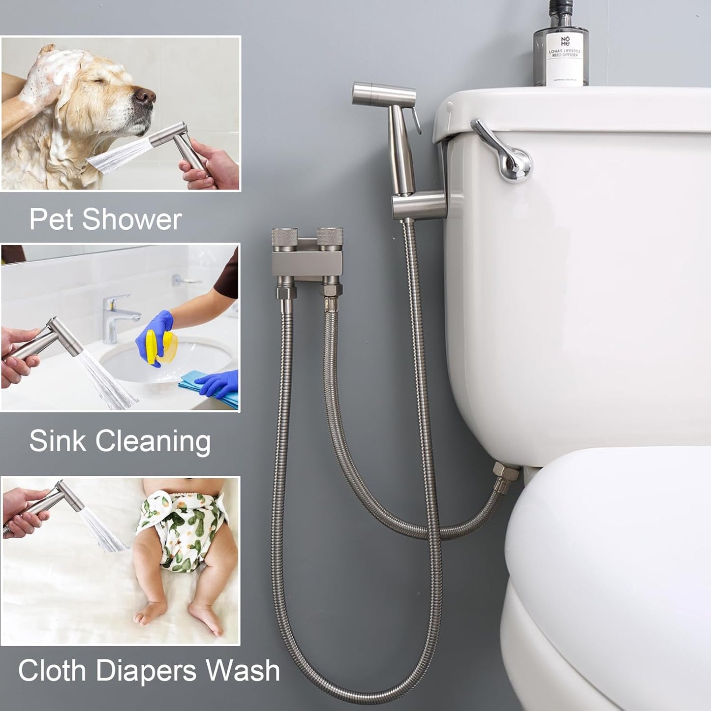 Handheld Bidet Sprayer for Toilet, Rzoeox 1-In-2-Out Dual Switch Valve with Water Pressure Control Sprayer for Feminine Wash Pet Shower Muslim Shower Cloth Diaper Set Toilet