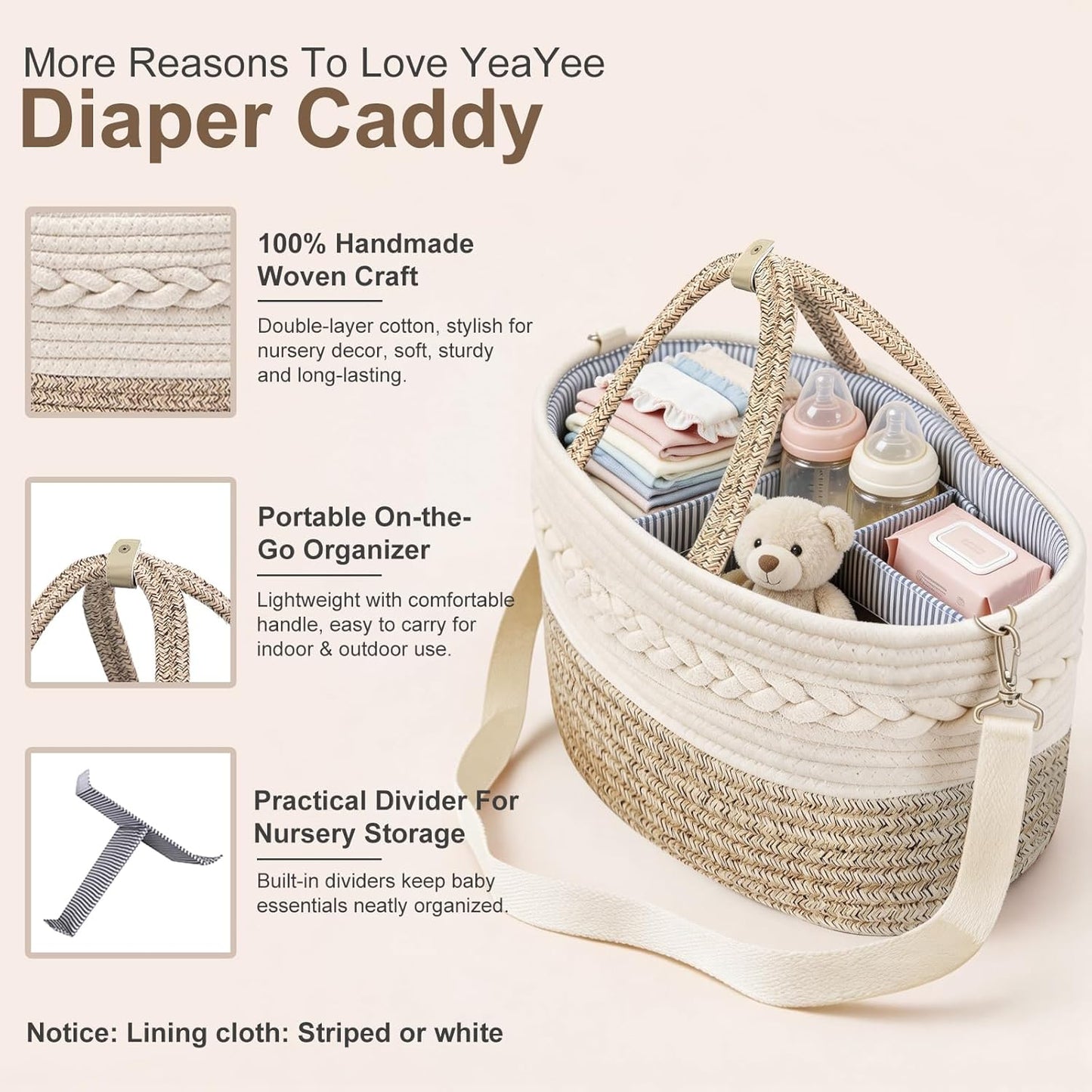 Baby Diaper Caddy Organizer, Portable Nursery Storage Basket with Changeable Compartments, 100% Cotton Woven Rope Baskets, Car & Changing Table Tote, Newborn Gift