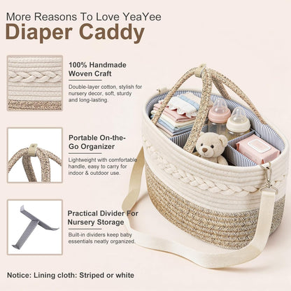 Baby Diaper Caddy Organizer, Portable Nursery Storage Basket with Changeable Compartments, 100% Cotton Woven Rope Baskets, Car & Changing Table Tote, Newborn Gift