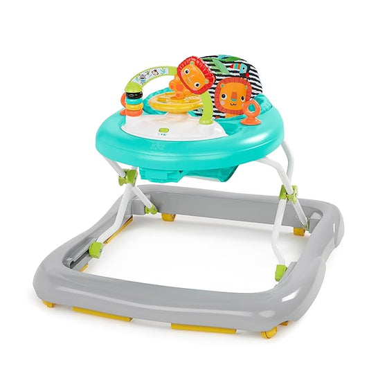 Bright Starts Zig Zag Zebra Baby Walker with Steering Wheel, Lights & Songs, Easy Fold Frame for Storage, Height Adjustable, Ages 6 Months +