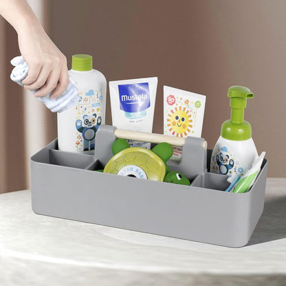Baby Shower Caddy Plastic Nursery Portable Storage Organizer Caddy Tote for Child/Kids, Divided Basket Bin with Wood Handle for Bathroom, Dorm Room, Holds Hand Soap, Bottles, Spoons (Beige)