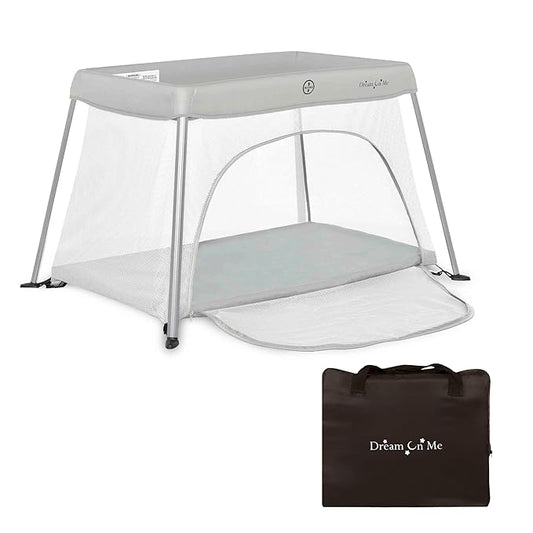Dream On Me Travel Light Baby Playard with Zipper Access Door, Breathable Mesh Sides with Soft Comfortable Mattress, Easy Fold Design with Travel Carry Bag, Compact Space Saving Design - Grey