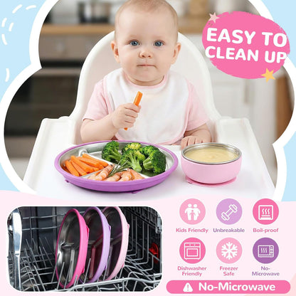 Havawish 8 Pcs Stainless Steel Baby Plate and Bowls with Suction, 8.3" Kid Divided Plate and 4" Toddler Bowl with Removable Silicone, BPA-free Non-slip Baby Feed Set Dishwasher Safe for Boy Girl(Pink)