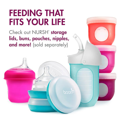 Boon Nursh Reusable Silicone Pouch Baby Bottles - Medium Flow Nipple - Silicone Baby Bottle Pouch and Nipple - Baby Feeding Essentials - Gray - 3-6 Months - 3 Count - 8 Ounce