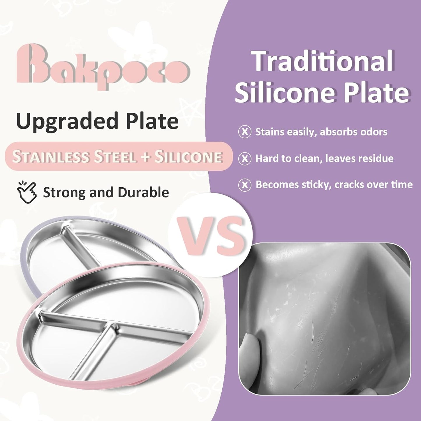 Bakpoco Stainless Steel Toddler Plate with Suction, 9” Divided Plates with Removable Silicone Sleeves for Kids, Non Toxic & BPA Free | Non Slip | Unbreakable Baby Snack Dishes Set of 2, Blue & Gray