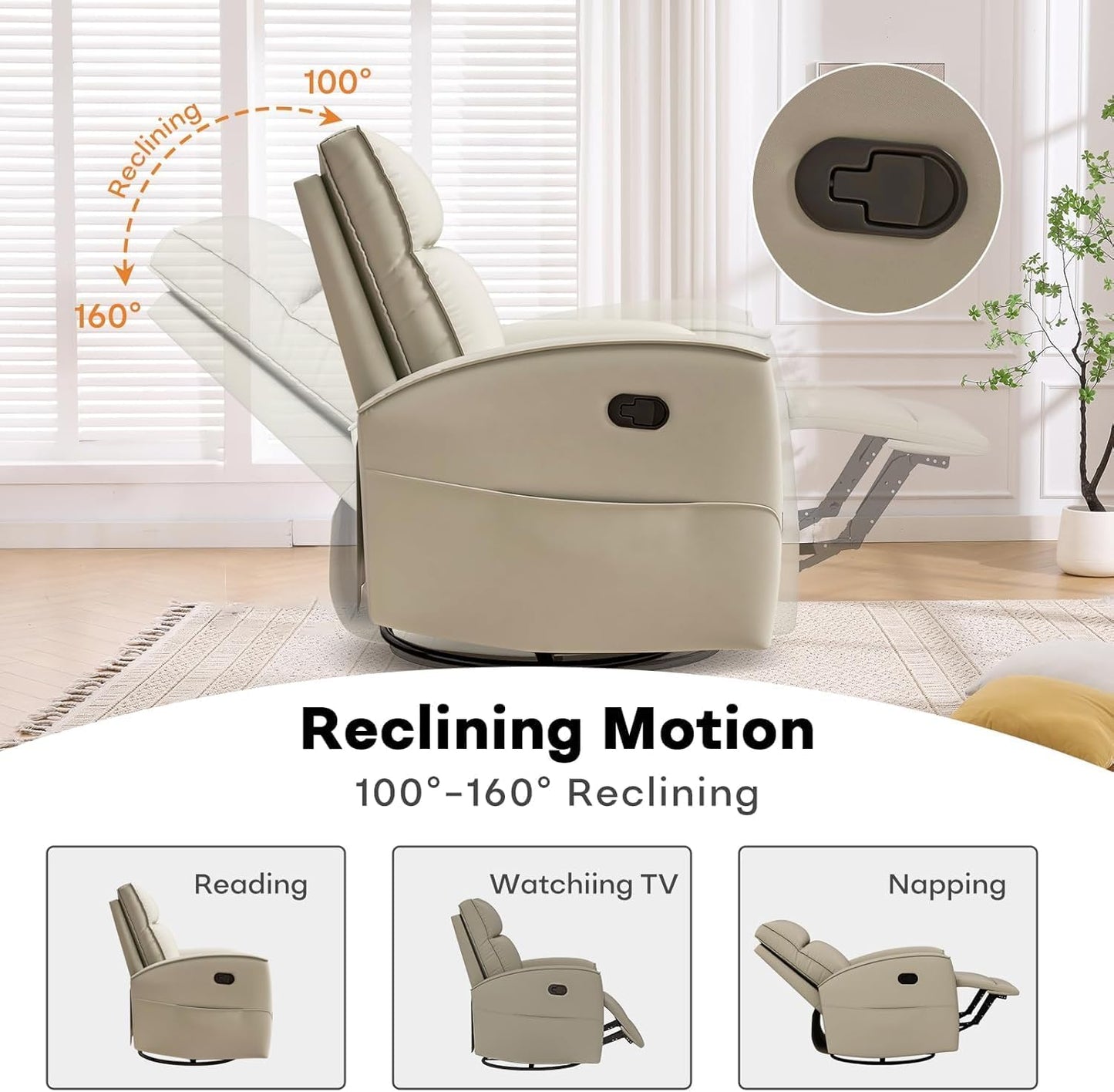HAOMARKETS Electric Swivel Rocker Recliner Chair, Power Faux Leather Glider Rocking Recliners for Adults,360° Swivel Nursery Reclining Sofa with USB Charging Port, White