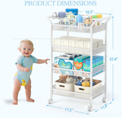 Baby Diaper Caddy Cart, 4-Tier Diaper Caddy Organizer and Storage, Rolling Utility Cart for Baby Supplies, Diaper Cart with Wheels for Bedroom, Nursery, Changing Table, White